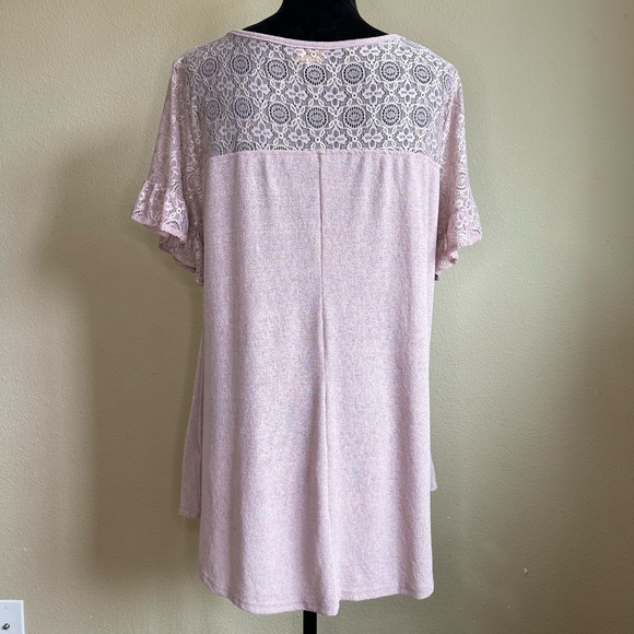 Reborn shirt women XL short ruffle sleeve mesh lace top blouse pink - Picture 2 of 9